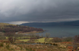 Fishnish Bay on the isle of Mull. Coastline line with bare trees in winter