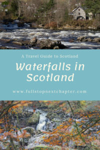 Pin for later. Two photos of waterfalls and title strip - Waterfalls in Scotland