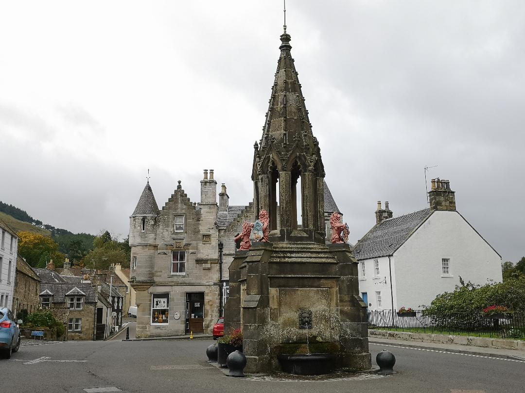 The Bruce Fountain in the village of Falkland. An ornate fountain in the village square