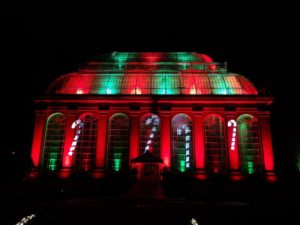 Christmas at the Botanics. Photo of the Glasshouse lit up with candy canes