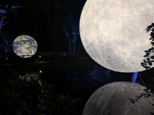 Enchanted Forest. Photo of the moon in the foreground and the earth in the black background