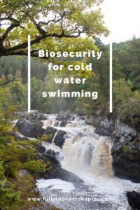 Pin for later. Photo of a waterfall. Words: Biosecurity for cold water swimming.